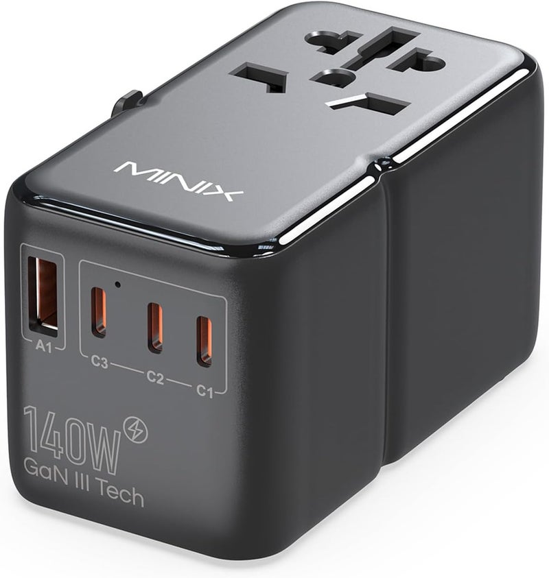 Minix 140W Universal Travel Adapter, GaN III International Power Adapter, 3 USB-C 1 USB-A Ports, AC Outlet, Worldwide US/UK/EU/AU Travel Charger for Cameras Laptops Tablets Phones and More - Image 1